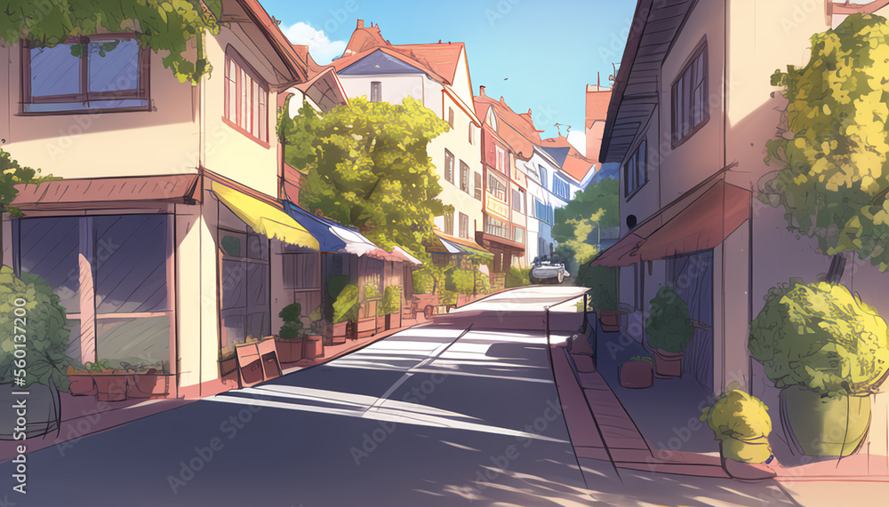 Drawing of the streets of a resort town on a sunny day. 