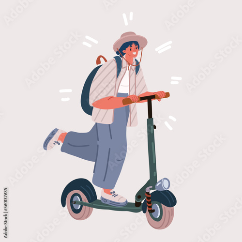 Vector illustration of woman ride on electric scoote, kick bike ride, fast city lifestyle, generation, motion concept.