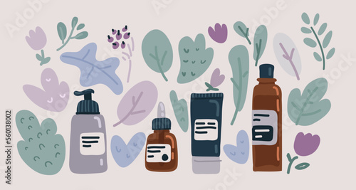 Vector illustration cosmetics make up set, big collection makeup product, serum, creams, foam.