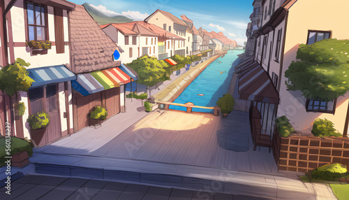 Drawing of the streets of a resort town on a sunny day.  © Nereida