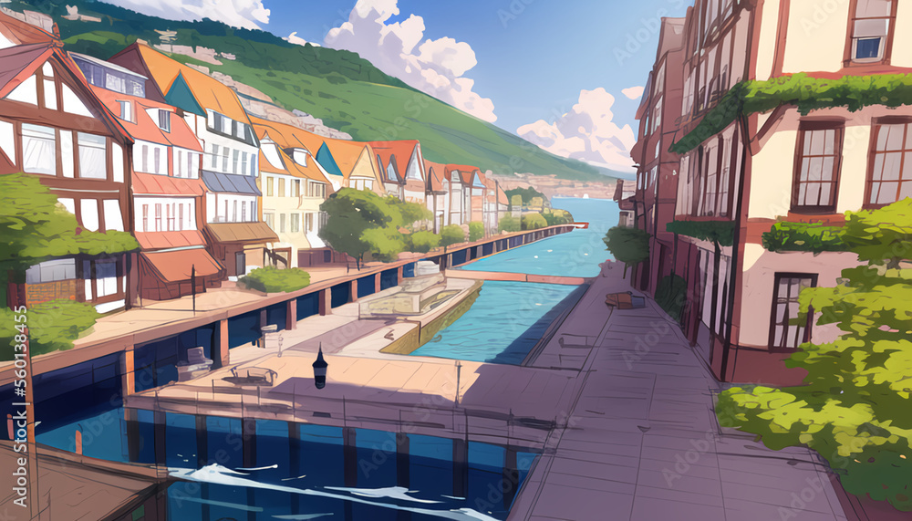 Drawing of the streets of a resort town on a sunny day. 