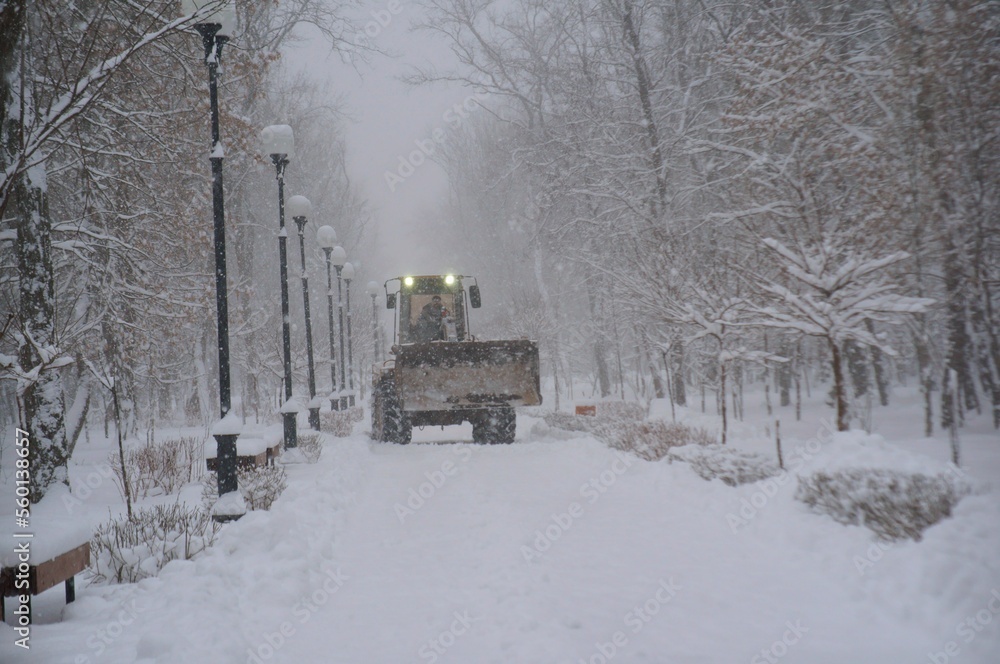 A snowplow removes snow in a city park. It's snowing. A snowplow removes snow in a city park. It's snowing.