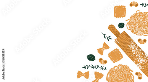 Pasta ingredients. Rolling pin with the different kinds of pasta. Textured illustration. Italian food horizontal background. 