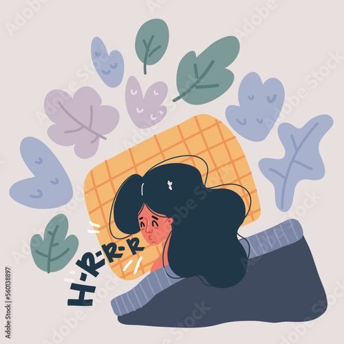Vector illustration of sleeping woman at home in bed. View from above, close-up. Snoring woman