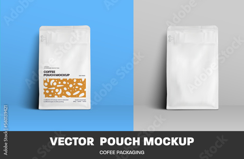 Mockup of white realistic coffee pouch, zip pack, vector packaging, isolated on background. Pack template for grains, drink.