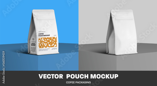 Mockup of white vector coffee pouch gusset zip pack, packaging for design, presentation on cube. Realistic illustration of a bag