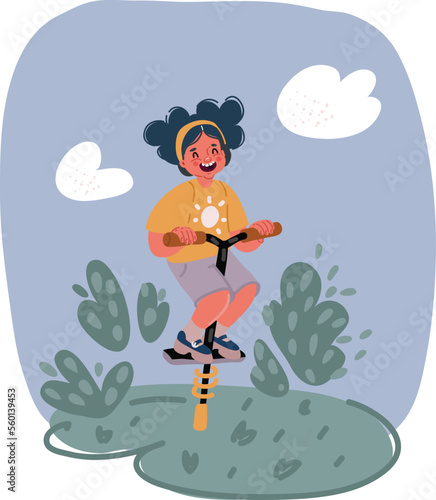 Vector illustration of Excited Girl Jumping on Pogo Stick Enjoying Outdoor Activity photo