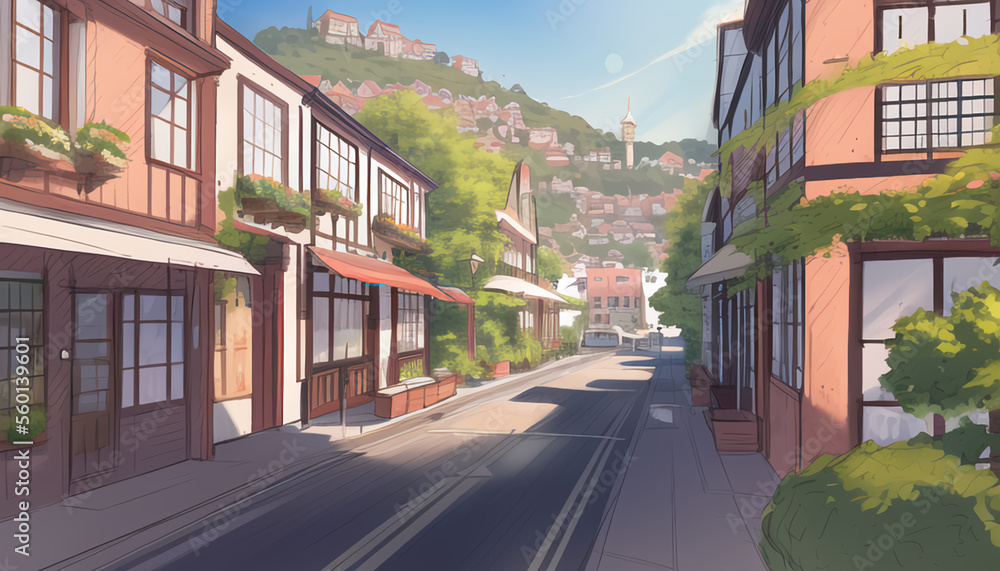 Drawing of the streets of a resort town on a sunny day. 