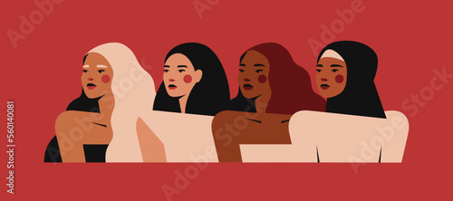 Confident women stand side by side together. Portrait of four Females of different cultures which support and care each other. Womens day greeting banner. Vector illustration