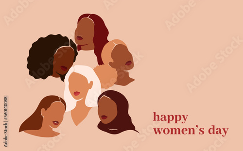 Women's day greeting card with six women of different ethnicities. Silhouettes of Strong and brave girls stand side by side together. Sisterhood and females friendship.Vertical Vector illustration