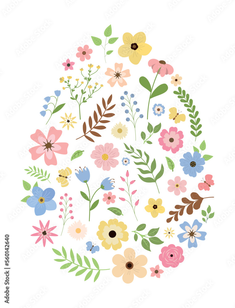 Colorful flowers and herbs Easter egg shape illustration. Great for Easter decoration print, invitation card, wrapping paper and window decoration. Isolated on white background.