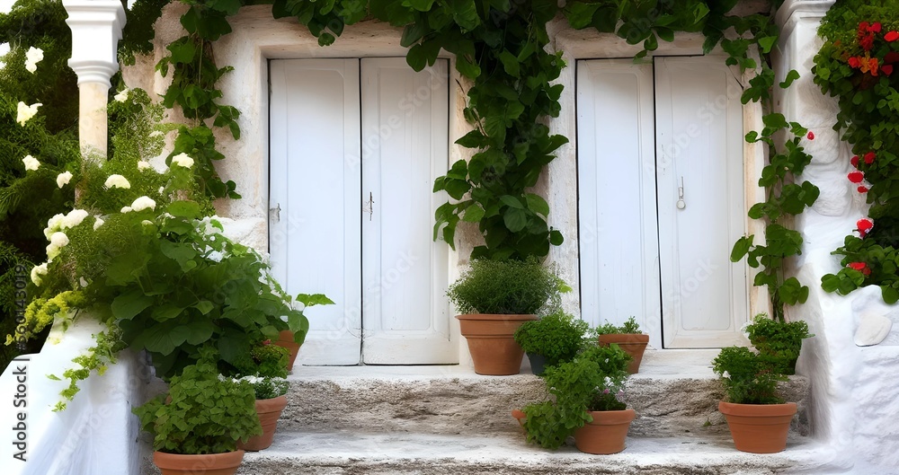 White door with beautiful potted plants and flowers in the garden