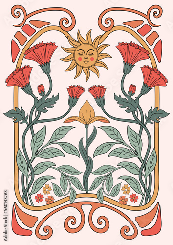 Retro 70s groovy Art Nouveau style flower vector illustration. Boho art with botanical leaves, flowers, sun decorative elements. Perfect for posters, wall art, notebook cover.
