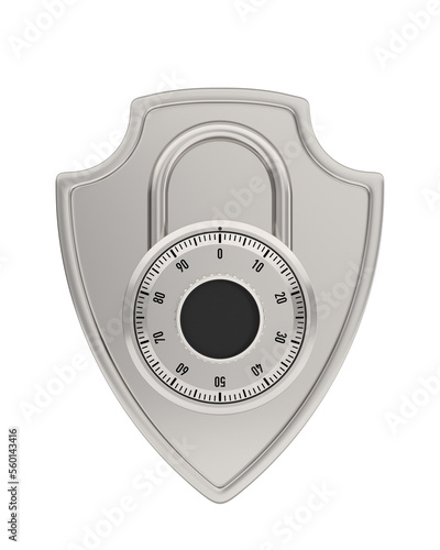 Shield with combination padlock on white background. Isolated 3d illustration