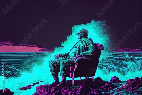 A man is sitting on a rocky coast