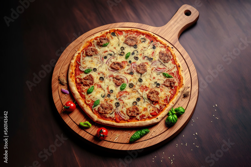 delicious pizza on a wooden board, cheese mushrooms and sausage, art illustration