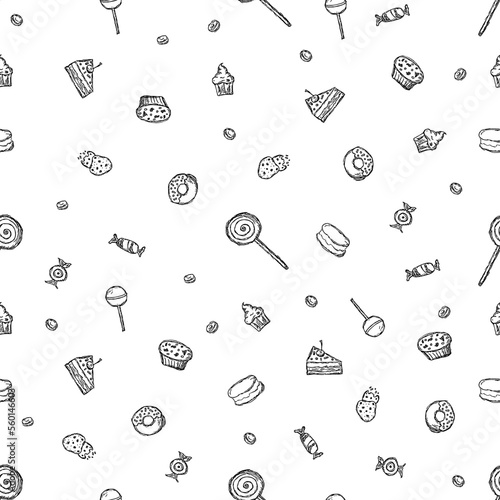 Seamless pattern with sweets. Doodle vector with sweets icons on white background. Vintage sweets illustration, sweet elements background for your project, menu, cafe shop