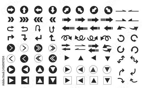 様々なデザインの矢印アイコンセット シンプル モノクロ