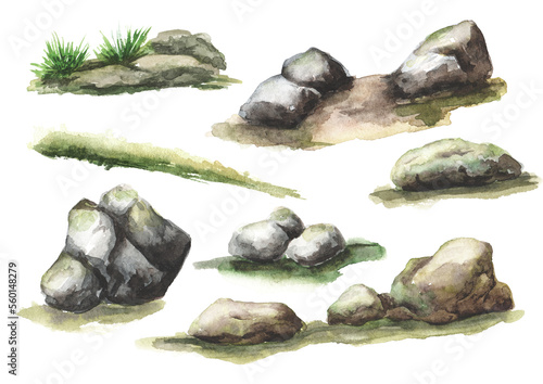 Stones set. Hand drawn watercolor illustration  isolated on white background
