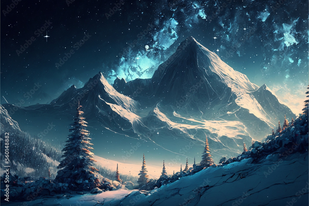 星の浮かぶ雪山の自然 Generative AI