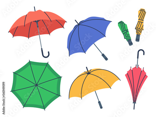 Cartoon umbrellas. Hand drawn open, close and folded umbrella, rainy seasonal parasols flat vector illustration set on white background
