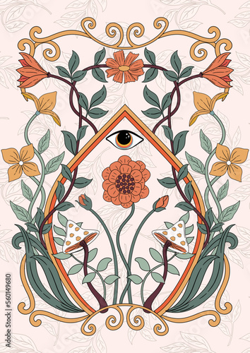 Retro 70's art nouveau style illustration print with flowers, mushroom, leaves and eye. Trendy botanical composition for poster, wall art, invites, tshirt graphic etc.