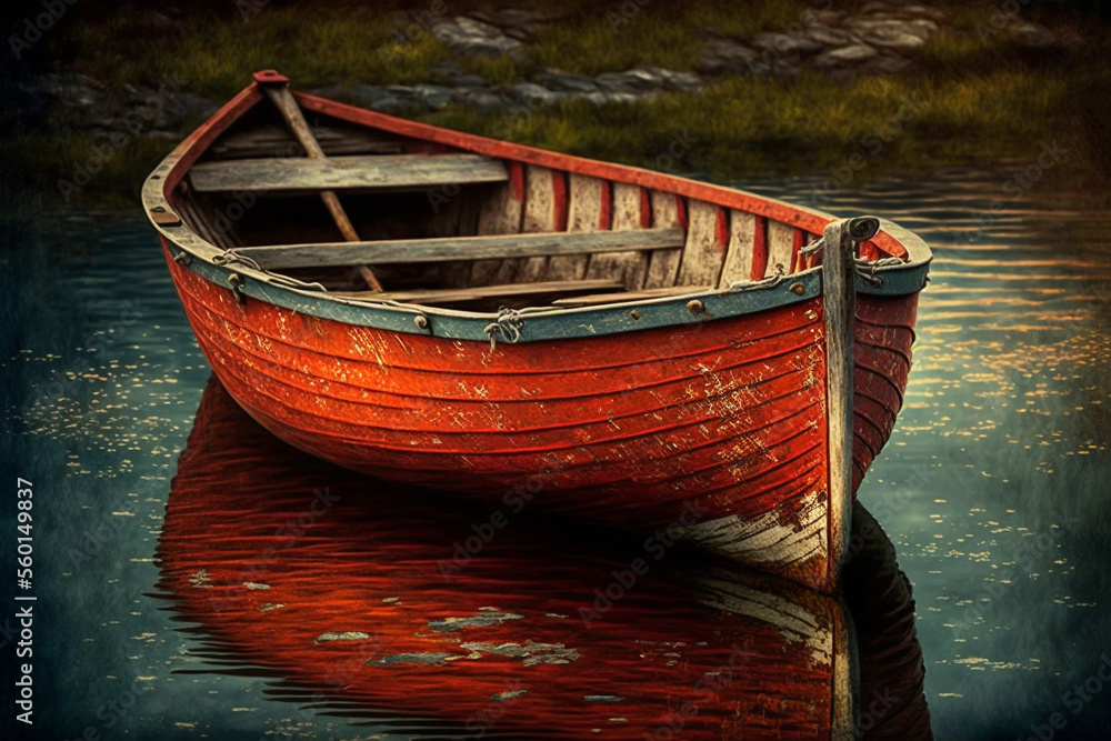 Rustic old red rowing boat moored at rocky seashore. Created with generative ai. - obrazy, fototapety, plakaty 
