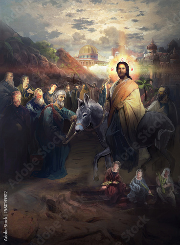 Jesus entering Jerusalem on a donkey