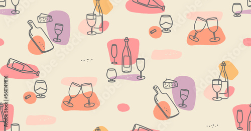 Bottles and glasses with wine and clink glasses in modern ink hand drawn style. Seamless pattern.