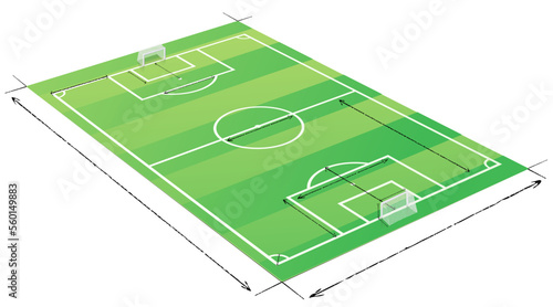 Soccer field in 3D with its marking and arrows drawn with pencils defining the main dimensions of the field (cut out)