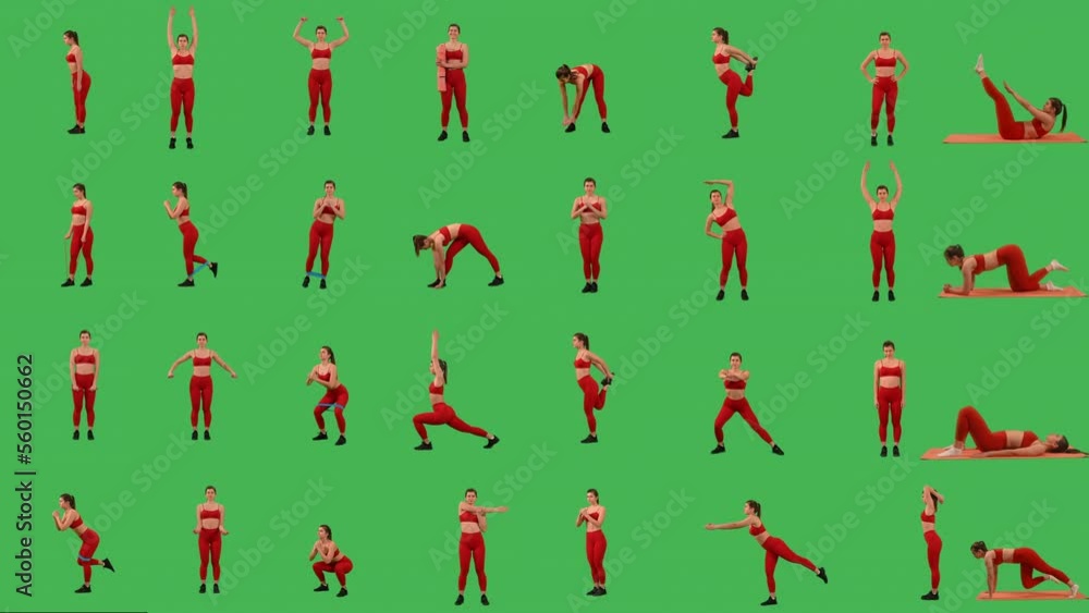 trainer doing exercises fitness coach collage Isolated on Green Screen background trainer doing exercises fitness coach collage Isolated on Green Screen background