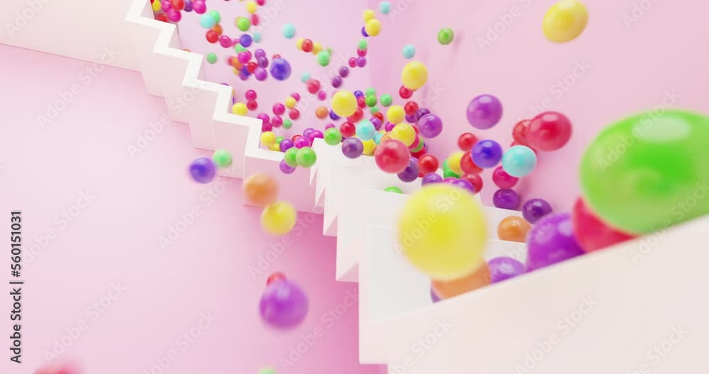 Countless colorful balls falling down stairs party and candy concept 3d render Countless colorful balls falling down stairs party and candy concept 3d render