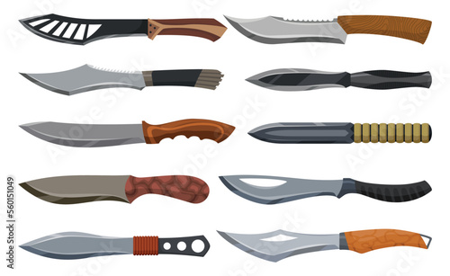 Military hunting knives. Combat weapon blades, vector model types. Trapper sword and hunter knife blades. Protection concept. Warrior blades or jackknife on white background