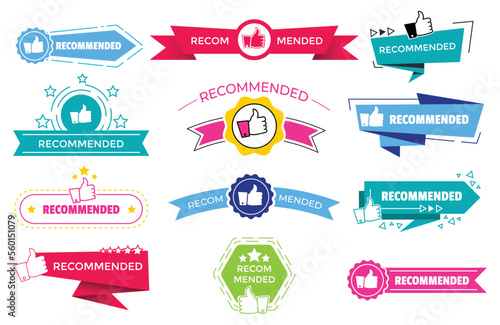 Recommend badges. Colorful tags design with thumb up, isolated on white background. Recommendation and approval of production, isolated labels. Promotional bright banner, premium quality