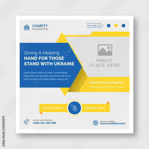 Charity stand with Ukraine's social media post design | Charity donation social media promotion square leaflet template