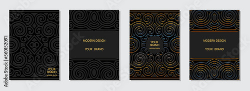 Set of ethnic covers, vertical templates in handmade style. Unique collection of embossed geometric backgrounds with 3D pattern, tribal golden texture. Boho, doodle and zentagle, press paper.