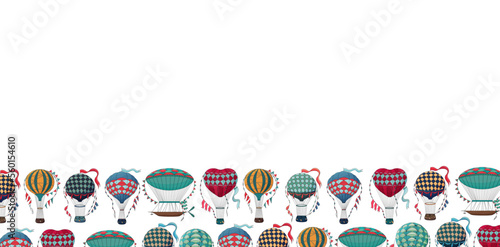 Vintage hot air balloon banner. Different balloon aerostat border. Color air balloons background. Large bag filled with hot gas and basket.Flying transport. Hand drawn vintage style flight airship.