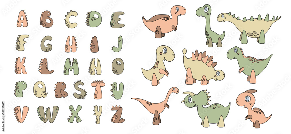 Dino collection with alphabet. Various dinosaur characters. Vector illustration.