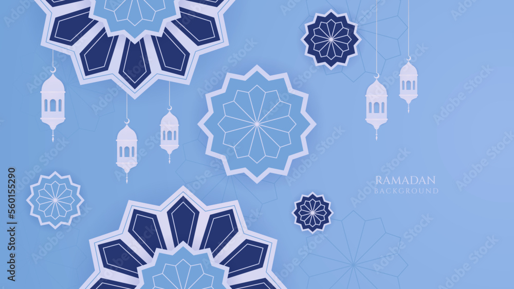 Islamic background on light blue. Design concept of ramadan kareem, mawlid, iftar, isra and miraj or eid al fitr adha, copy space text area, 3D vector illustration. Islamic background on light blue. Design concept of ramadan kareem, mawlid, iftar, isra and miraj or eid al fitr adha, copy space text area, 3D vector illustration.