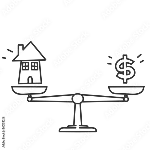 hand drawn doodle house and money on weight scale illustration symbol for loan house