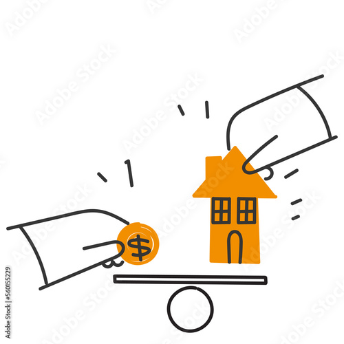 hand drawn doodle house and money on weight scale illustration symbol for loan house