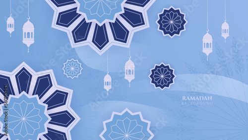 Islamic background on light blue. Design concept of ramadan kareem, mawlid, iftar, isra and miraj or eid al fitr adha, copy space text area, 3D vector illustration.