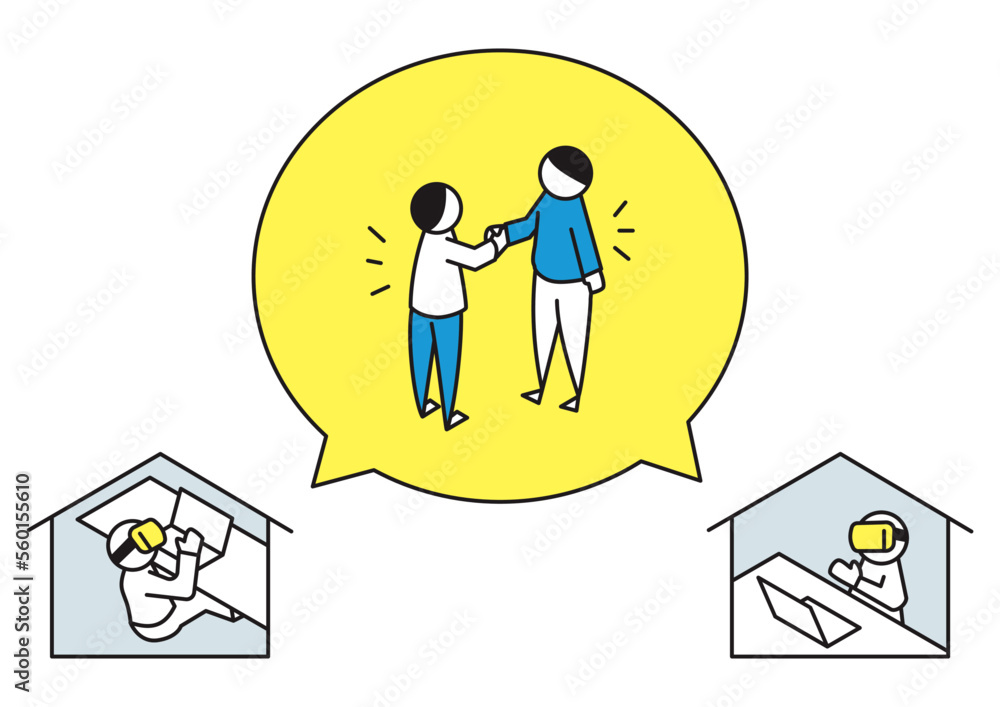 Two people shaking hands while wearing VR goggles while being far away Two people shaking hands while wearing VR goggles while being far away