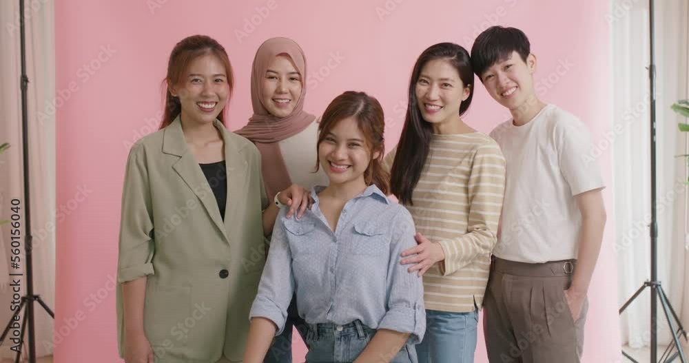 Group of young people Gen Z talent workforce relax smile look at camera standing studio shot shooting. Power of diverse asia girl woman, youth LGBT pride gay lesbian, female lady unity in women's day. Group of young people Gen Z talent workforce relax smile look at camera standing studio shot shooting. Power of diverse asia girl woman, youth LGBT pride gay lesbian, female lady unity in women's day.