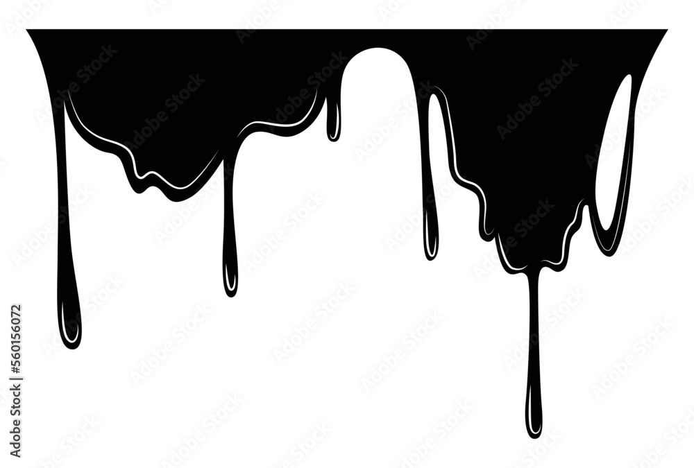 Paint dripping liquid. Flowing oil stain. Set of black drips. Abstract flow stencil, current ink streak or fluid smudge. Vector illustration on white background