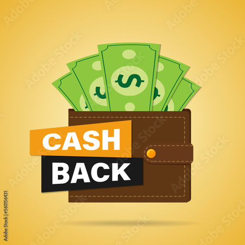 Cashback, a vector concept of saving money with a wallet and paper dollars, isolated on a yellow gradient background. The guarantee of the bonus program is a financial sticker. Online stores, cashback
