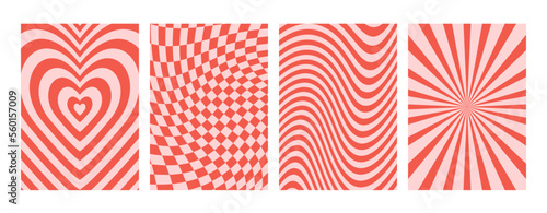 Set retro groovy lovely backgrounds. Love concept. Happy Valentines day greeting card, print. Fun abstract background in trendy retro 60s 70s cartoon style.