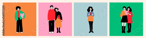 Set of diverse people standing and holding hearts. Single man and woman, couples in love. Romance, relationship, Valentine's Day concept. Cartoon quirky comic style. Hand drawn Vector illustration
