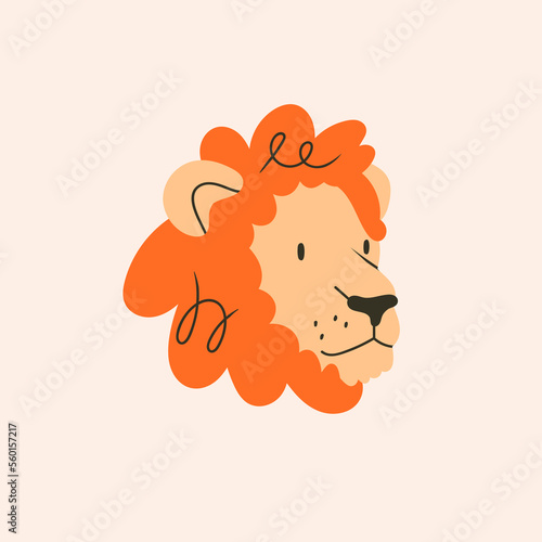 Portrait of a lion. Lion's Head with orange mane. Colorful isolated icon. Cartoon style. Logo, print, avatar template. Leo constellation zodiac sign. Hand drawn Vector illustration