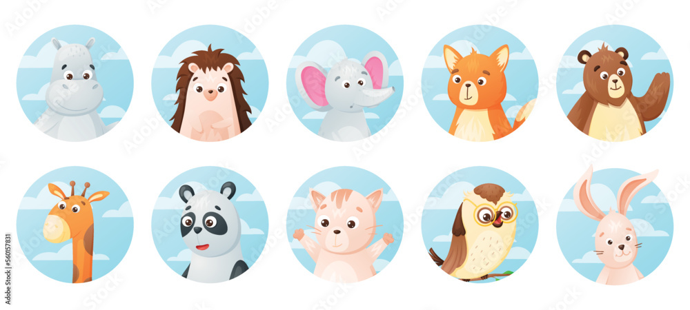 Round badges with cute cartoon forest Animals. Set of vector isolated banners.